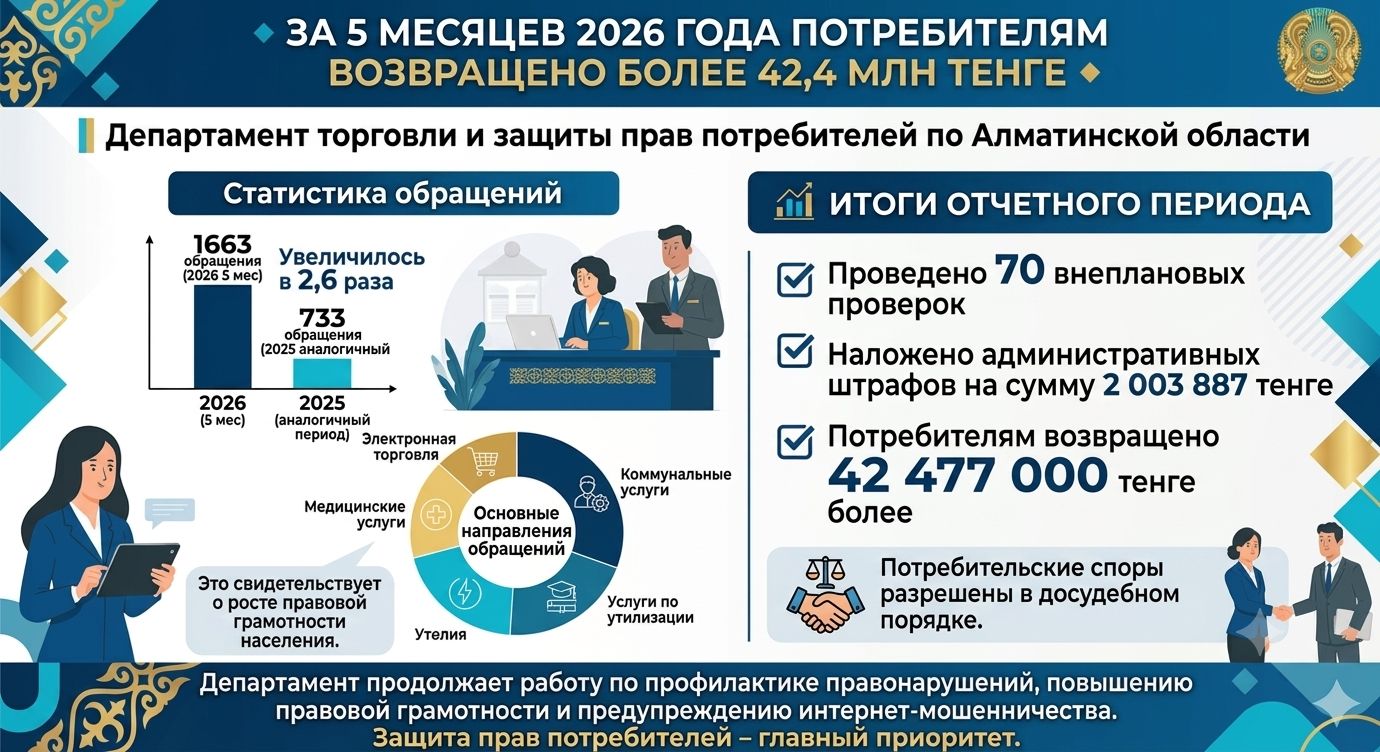 За 5 месяцев 2026 года потребителям возвращено свыше 42,4 млн тенге